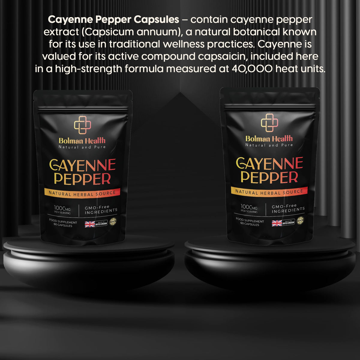 Bolman Health Cayenne Pepper Capsules | 1000mg Per Serving | 60 Vegan HPMC Capsules | Supports Digestion, Circulation & Metabolism | Natural Herbal Source | Non-GMO, Gluten-Free | Made in The UK