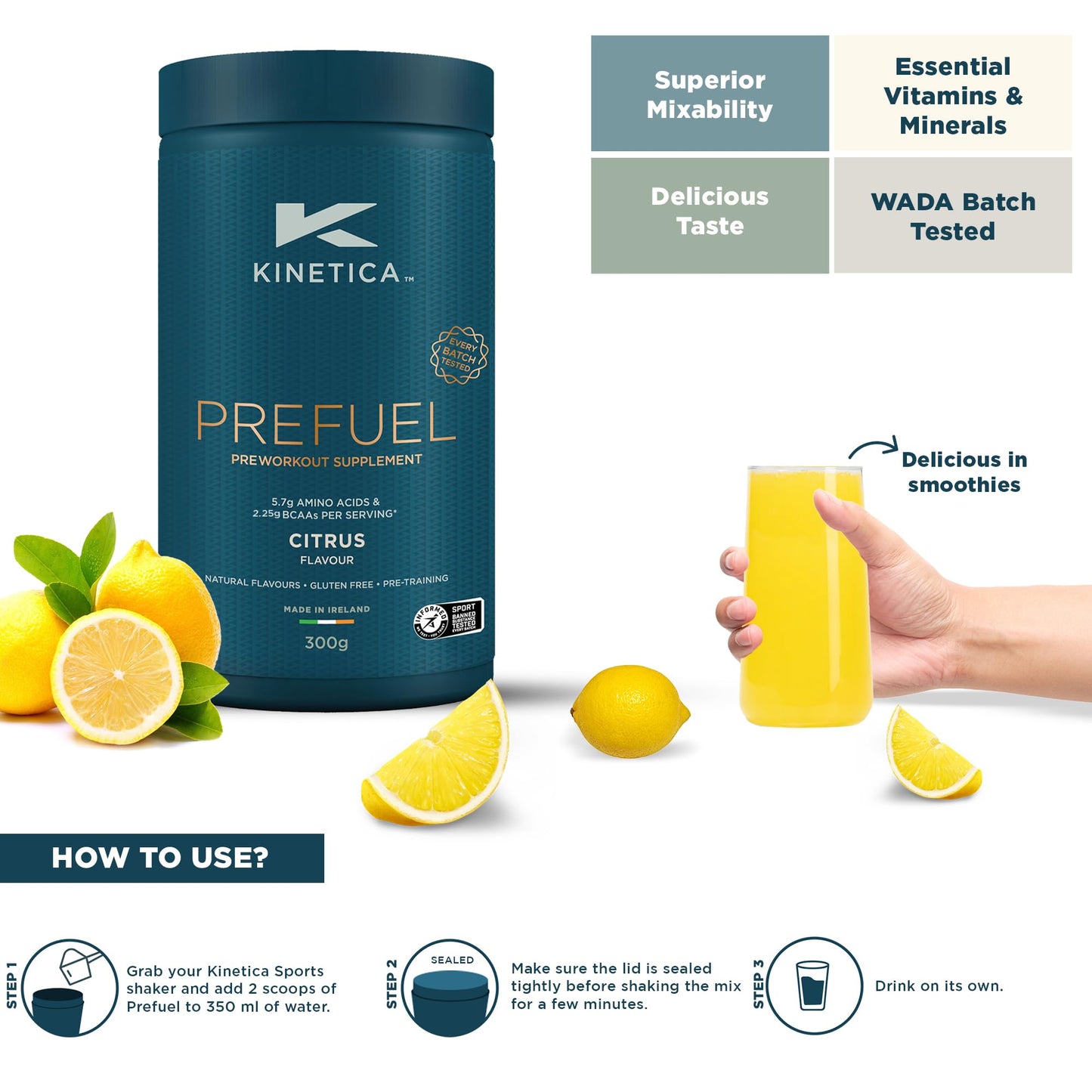 Kinetica Sports Prefuel Pre Workout -Citrus Flavour | 5.7g Amino Acids Blend,2.25g BCAA's & 92mg Caffeine/Serve, 30 Servings/300g| With Essential Vitamins, Minerals|Supports Performance & Energy Boost