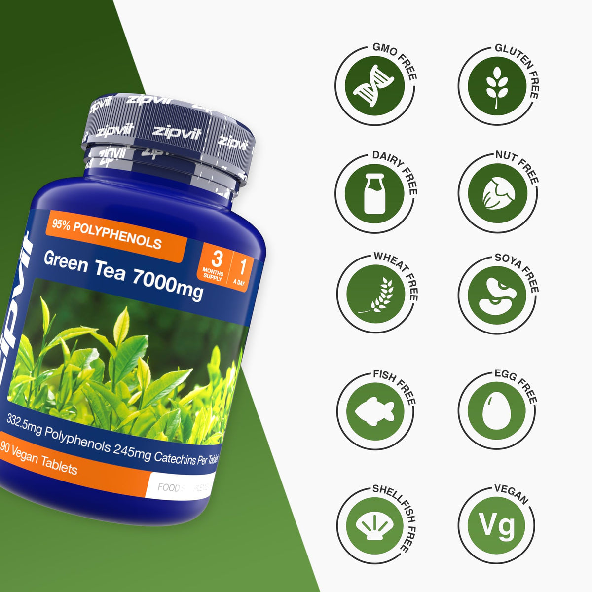 Zipvit Green Tea Extract 7000mg Antioxidant, 95% Polyphenols. 90 Vegan Green Tea Tablets. 3 Months Supply.