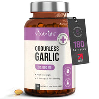 VitaBright Odourless Garlic Capsules High Strength | 30,000mg | 180 Capsules | Daily Dose - 2 Odorless Garlic Tablets for Adults | Odourless Extract Supplement | High Allicin Pearls for Women & Men