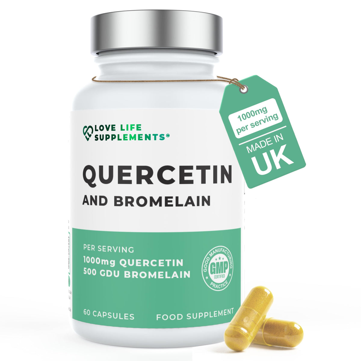 LOVE LIFE SUPPLEMENTS Quercetin & Bromelain Supplement | 60 Capsules -30 Servings | Powerful Antioxidant | 1000mg Quercetin (from Sophora japonica) and 500 GDU Bromelain (from Pineapple) per Serving | Love Life Supplements