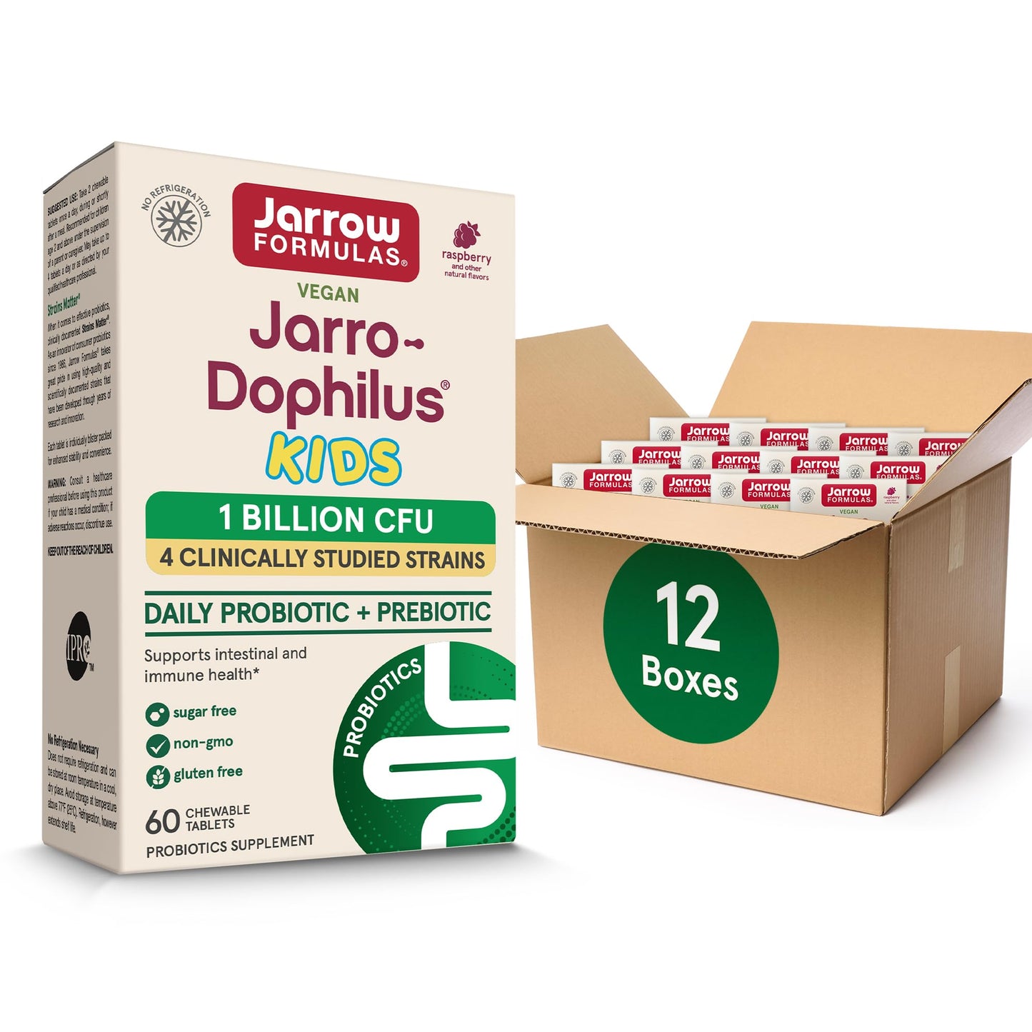 Jarrow Formulas Jarro-Dophilus Kids Probiotics and Prebiotics 1 Billion CFU Supplement for Intestinal and Immune Health Support 60 SugarFree RaspberryFlavored Chewable Tablets 30 Day Supply Pack of 12