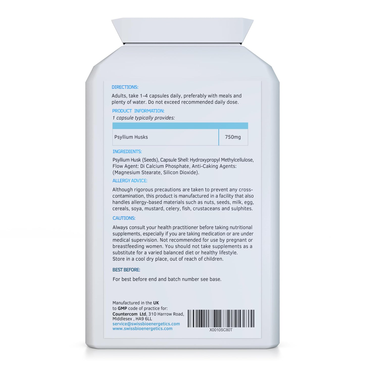 swiss bioenergetics Fibre Supplement 750mg Whole Psyllium Husk (not just Extract) - High Strength Natural Soluble Fiber Supplement from Plantago Ovata Plant Seeds, 90 Psyllium Husks Capsules - Made in UK & Vegan