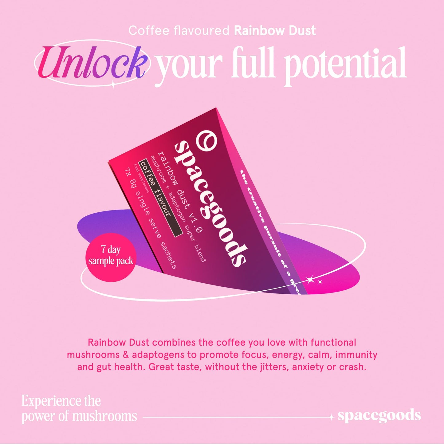 Space Goods Spacegoods Rainbow Dust - 7 Day Sample Pack, Made in England & Cruelty Free, Lions Mane, Chaga & Ashwagandha, Experience Sharper Focus, Energy & Calm, 80 mg Natural Caffeine, Coffee Flavour