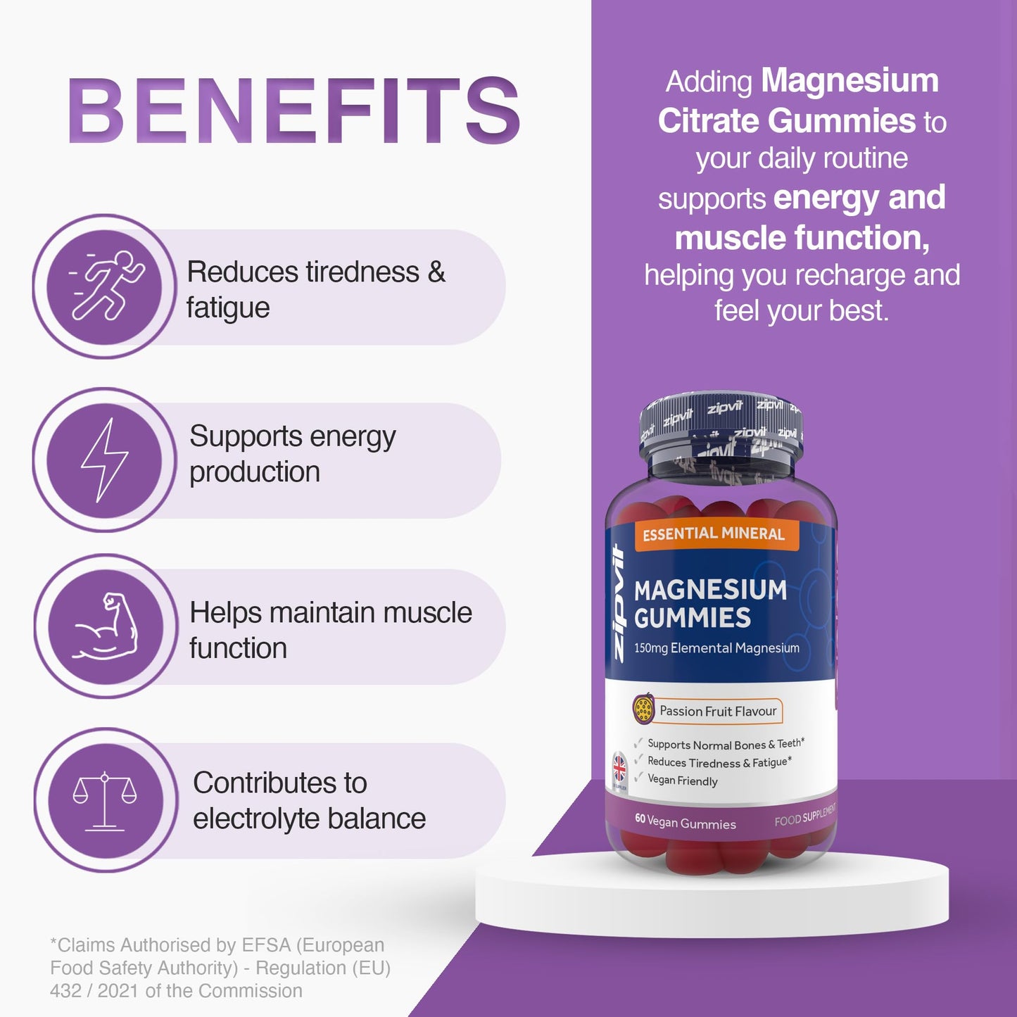 Zipvit Magnesium Gummies for Adults, 150mg Elemental Magnesium Citrate, Supports Energy, Muscle & Bone Health, Passionfruit Flavour, 60 Vegan Gummies, 1 Month Supply