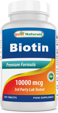 Best Naturals Biotin (Also Called Vitamin B7), 10,000 mcg, 365 Days Supply (1 Year Supply), 365 Tablets (365 Count (Pack of 1))