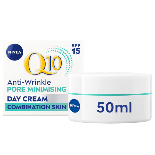 NIVEA Q10 Anti-Wrinkle Pore Minimising Extra Light Day Cream SPF15 (50ml), Anti-Wrinkle Moisturiser with Light Texture, Pore Minimising Cream with UVA/UVB Protection