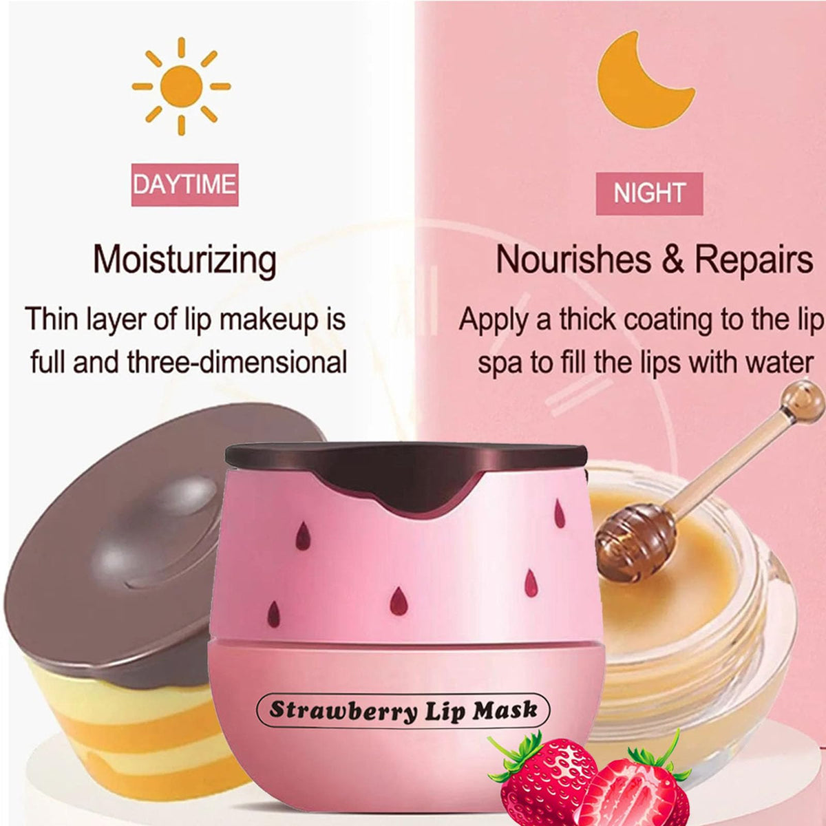 TUHOWEWZ Honey+Strawberry Balm Lip Mask Set, Moisturizing Lip Care With Natural Oils for Day & Night, Repair Honey Bee Lips Balm Reduce Lip Lines & Wrinkle