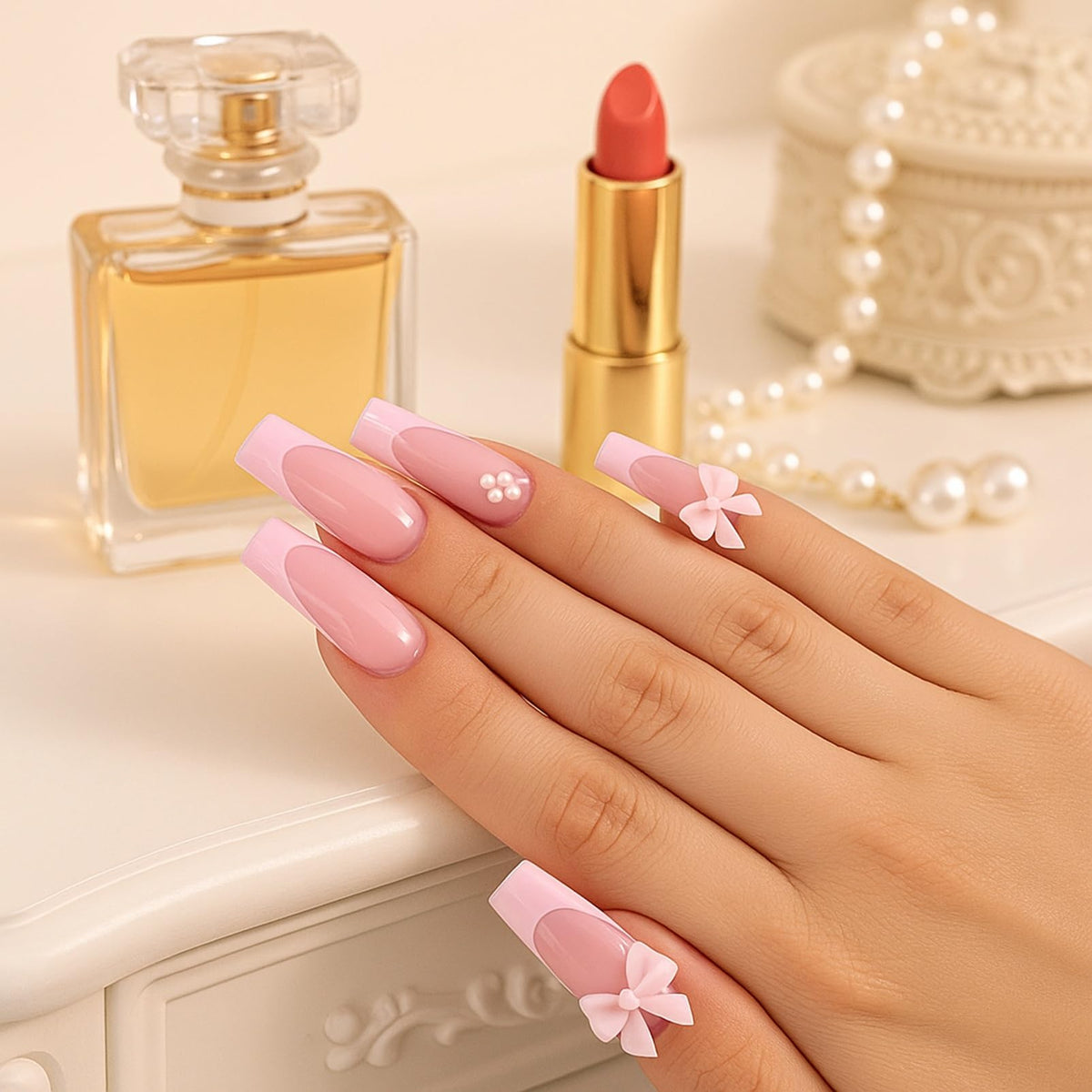 Generic Pink Press On Nails with 3D Bows & Flowers – 24PCS Long Coffin French Tips, Reusable Acrylic False Nails with Rhinestones for DIY Nail Art