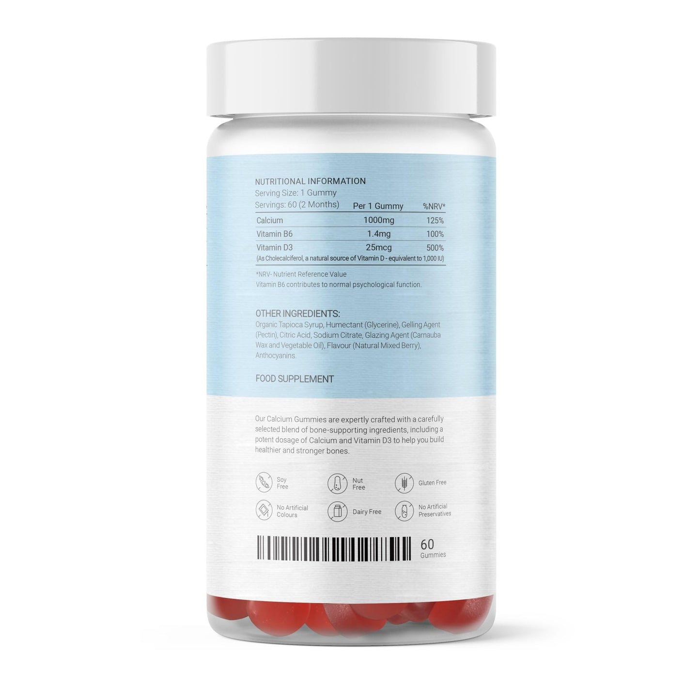 Calcium Gummies - Sugar Free | 2 Months Supply - 60 Vegan Gummies | High Potency | Calcium | Vitamin D | Vitamin B6 | The Ultimate Boost to Your Bone Health | Mixed Berry Flavour