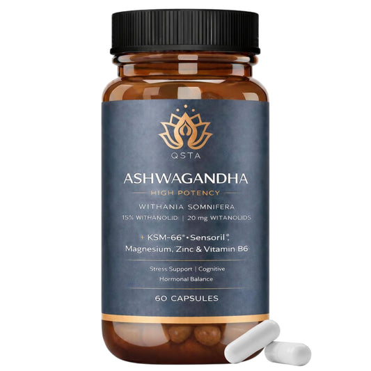 QSTA Ashwagandha KSM 66 + Sensoril (15-20% Withanolides) Cortisol Reducing Supplements for Deep Sleep, Energy, Concentration and Stress Relief. 2 Month Supply Ashwagandha High Strength KSM 66 Capsules
