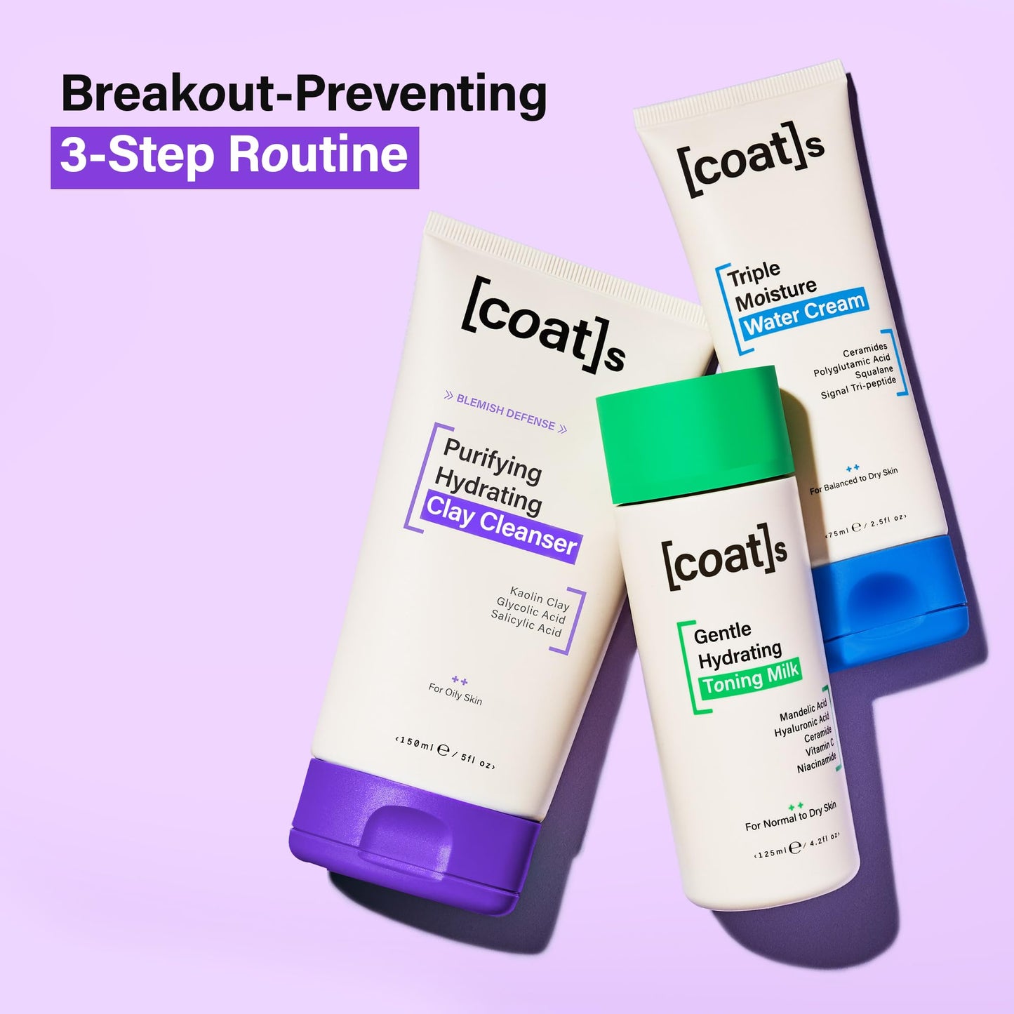 COATS Coats Blemish Defence 3-Step Bundle for Oily Skin – Purifying Hydrating Clay Cleanser, Gentle Hydrating Toning Milk + Triple Moisture Water Cream – Helps Prevent Breakouts, Designed for Young Skin