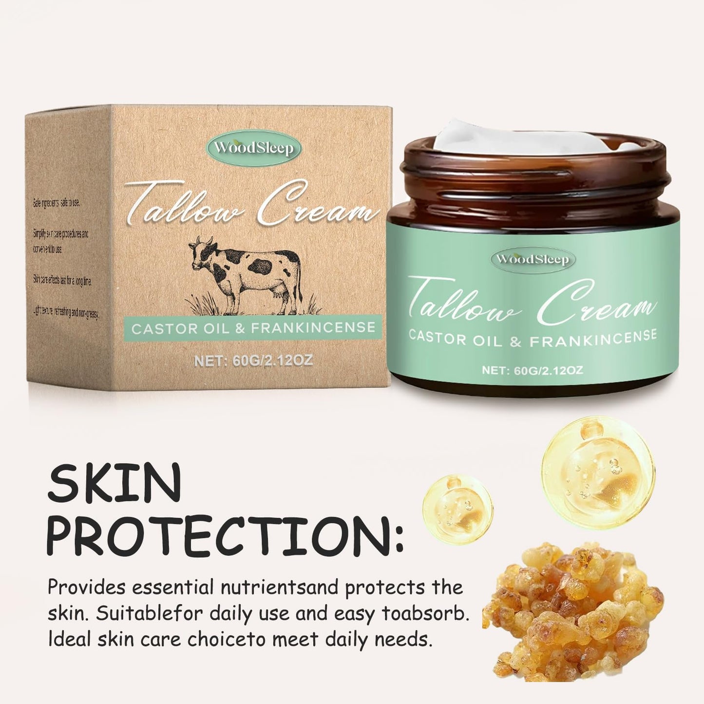ExcellaElite Beef Tallow Castor Oil and Frankincense 60g Grass-Fed Beef Tallow with Frankincense Oil & Castor Oil Natural Organic Beef Tallow for Skin Face Body Moisturizer