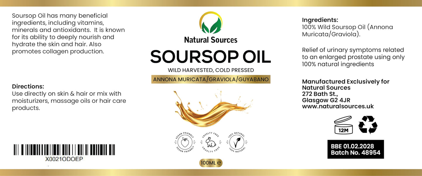 Natural Sources Premium Natural Soursop Oil - Huge 100ml - Cold Pressed/Unrefined -UK poduced-Organically & Ethically sourced from South America - No added ingredients or dilutions. MHRA Certified & Vegan