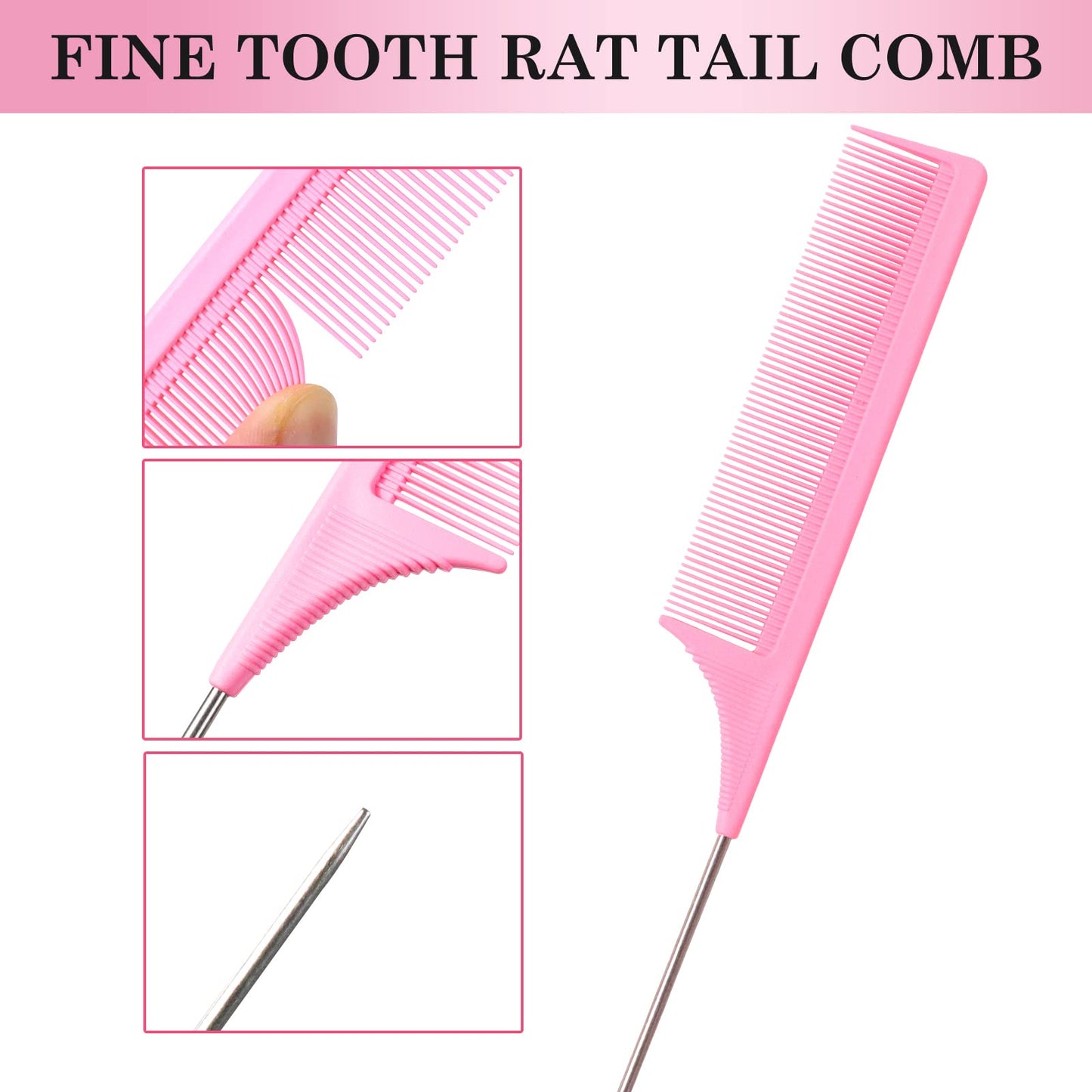 sularpek Sularpek 3 Pcs Slick Brush Set, Plastic Bristle Hair Brush Teasing Comb Edge Hair Brush Teasing Brush Set, Rat Tail Comb Double Sided Edge Brush, for Hairdresser Women Baby Children (Pink)