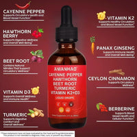 ANIANHAO Cayenne Pepper Drops, 120ml Gleame Cayenne Pepper Drops, Hawthorn Berry, Vitamin D3 K2 Beet Root Powder, Ceylon Cinnamon, Turmeric Curcumin, Organic Panax Ginseng, Berberine 2 Bottles