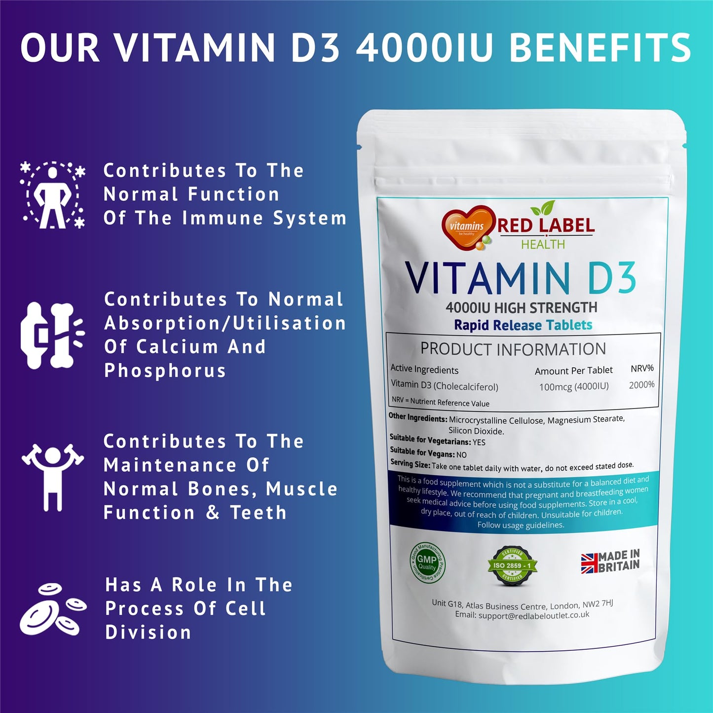 Red Label Health Vitamin D3 4000 IU 300 Tablets, Maximum Strength Vitamin D3 Supplement, Easy to Swallow Vitamin D3 Tablets - Made in The UK