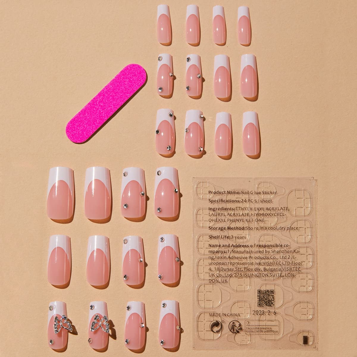 Maggidea French False Nails, Press on Short Square,White Tip Butterfly Stick on Nails, 24pcs False Nails with Glue Elegant Fake Nails for Women Girls Weddings (French Butterfly)