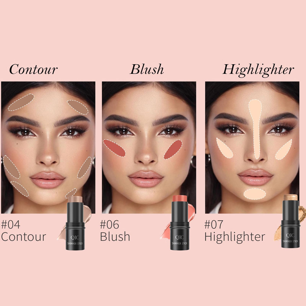 DENESTUP 3Pcs Contour Stick, Bronzer Highlighter and Blush Sticks, Cream Contour Beauty Wand with Brush, Long Lasting & Smooth Natural Face Contouring Illuminator, Professional Makeup Kit for All Skin