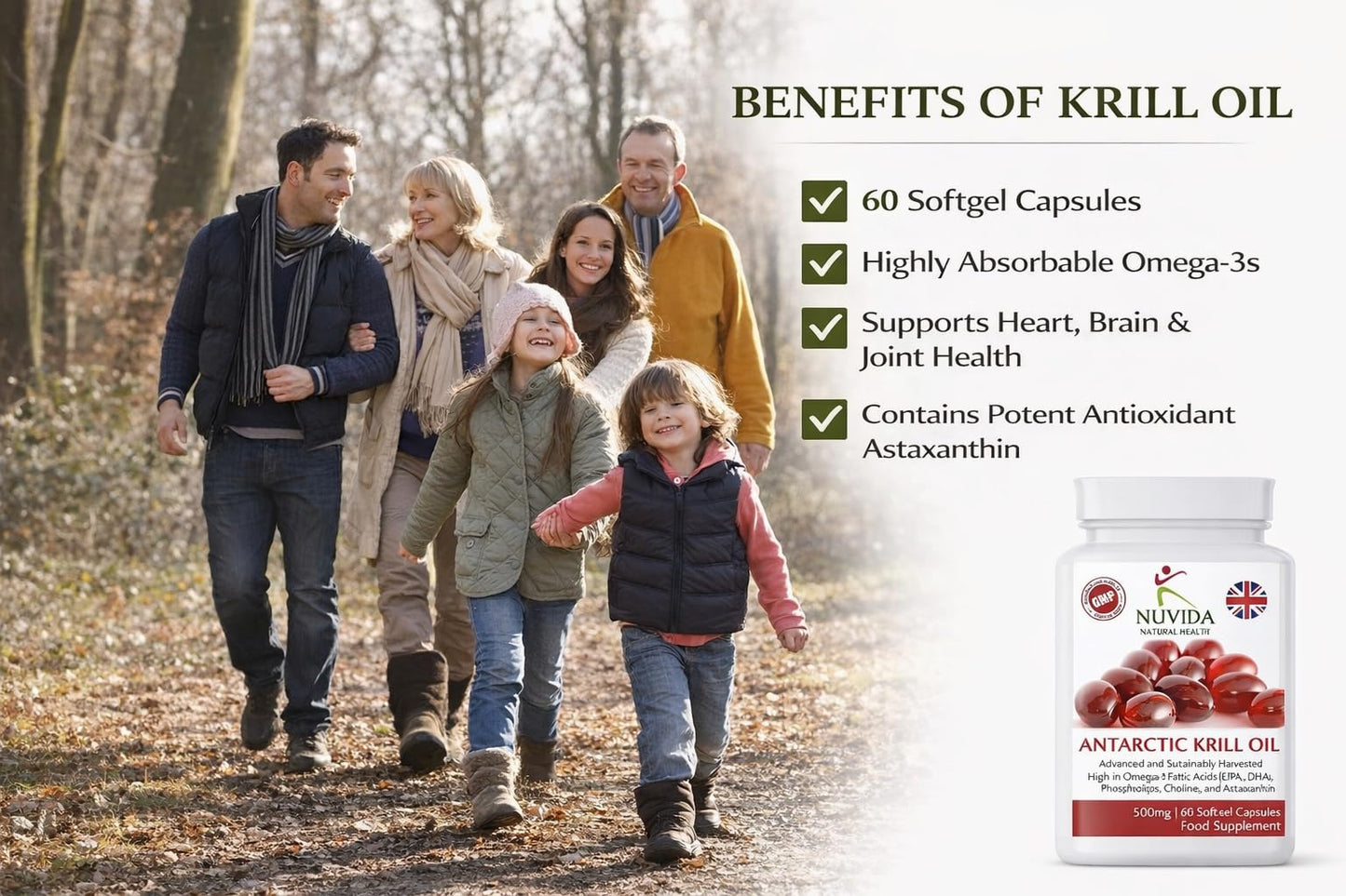 NUVIDA NATURAL HEALTH Krill Oil Capsules 500mg – Omega-3 Supplement with EPA & DHA – 1000mg per Serving – 60 Easy-Swallow Softgels – Sustainably Sourced