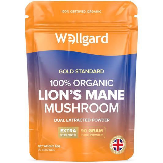 Wellgard Organic Lion's Mane Mushroom Powder 90 Grams - Mushroom Supplement, Dual Extract, Easy to Use, Certified Organic