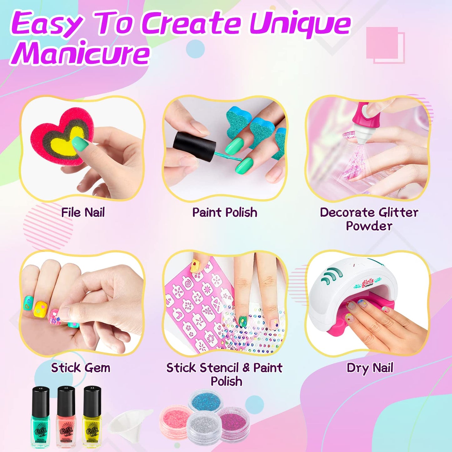 hirsrian Toys for 5 6 7 8 9 10 Year Old Girls, Kids Nail Polish Sets for Girls, Kids Makeup Sets for Girls, Present for 5-9 Year Old Girl, Nail Art Craft Kits for Kids, Best Gift for 5 6 7 8 9 Year Old Girl