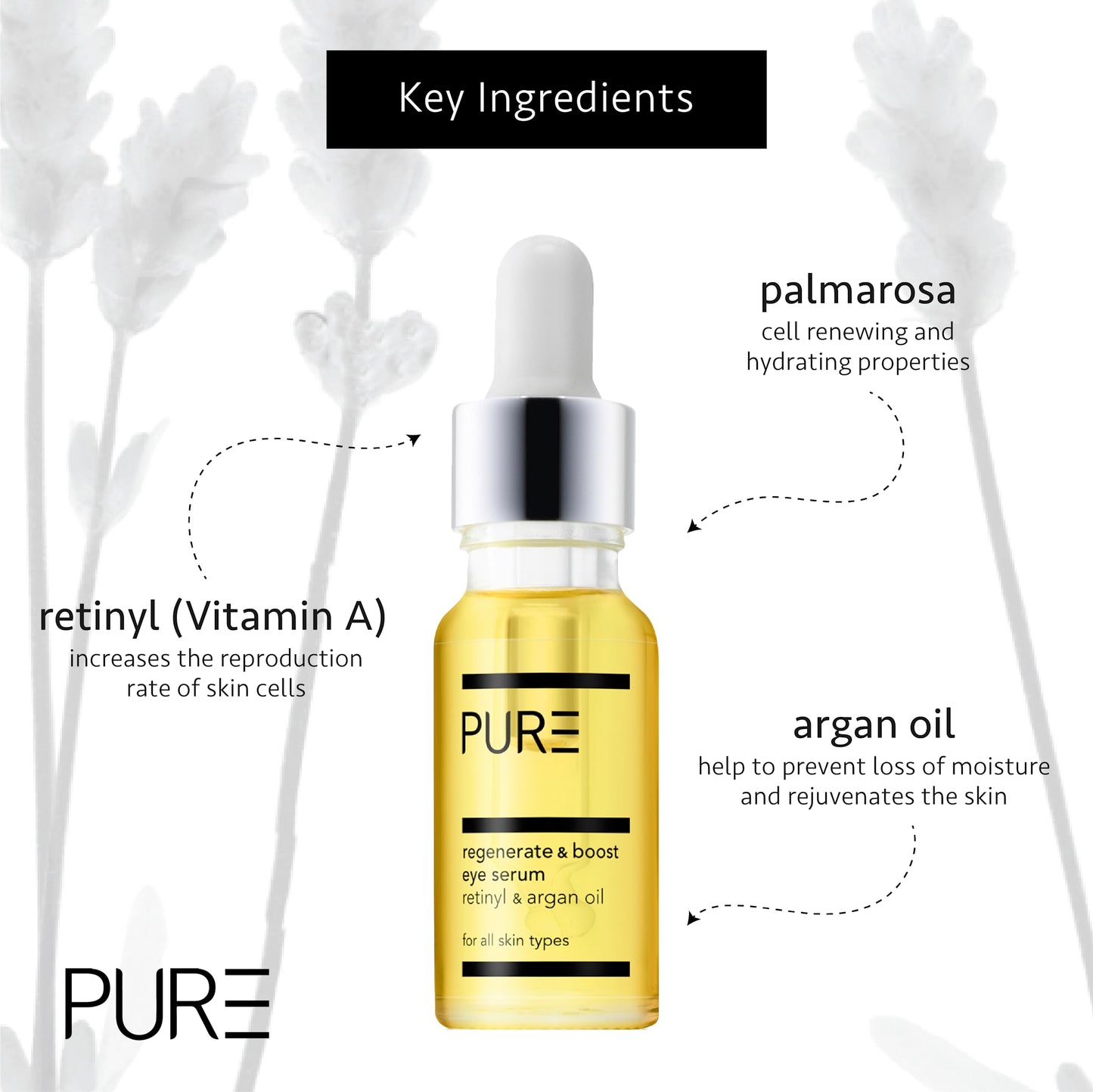 Regenerate & Boost Eye Serum from PURE Spa Skincare 15ml - Vegan, Anti-Ageing Eye Serum with Argan Oil and Vitamin A to Plump and Hydrate