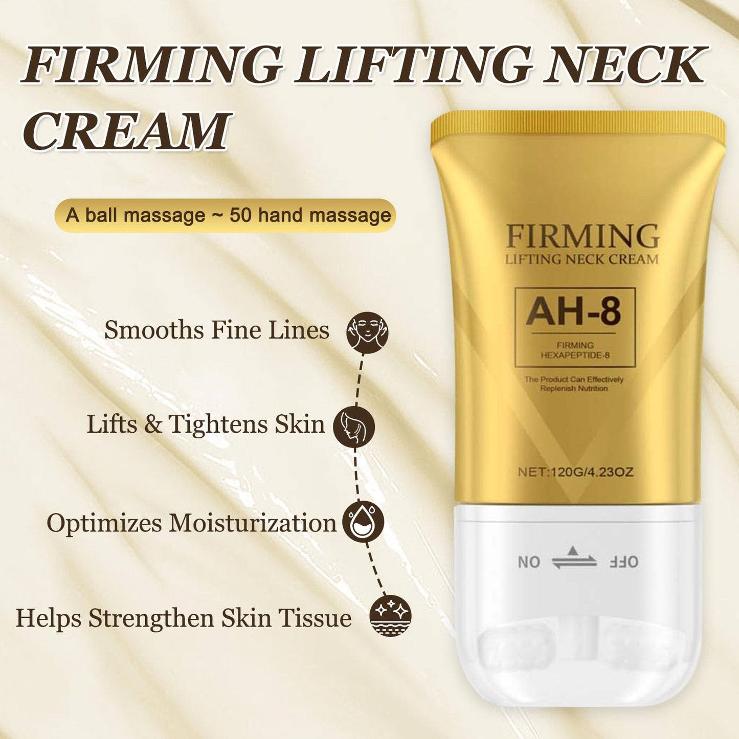AH-8 Firming Neck Cream, Neck Firming Creams Contain Hexapeptide, Tighten and Lift Neck Cream with Double Roller Massage, Reduces Wrinkles, Fine Lines & Double Chin, Moisturizing and Nourishing
