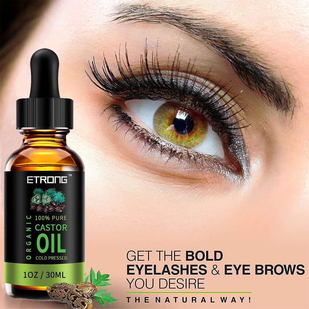ETRONG Organic Castor Oil,Pure Cold Pressed Castor Oil for Eyebrows,Eyelashes,Hair Growth,Nails,and Skin with 5 Sets of Eyebrow&Eyeliner Brushes (30ml)