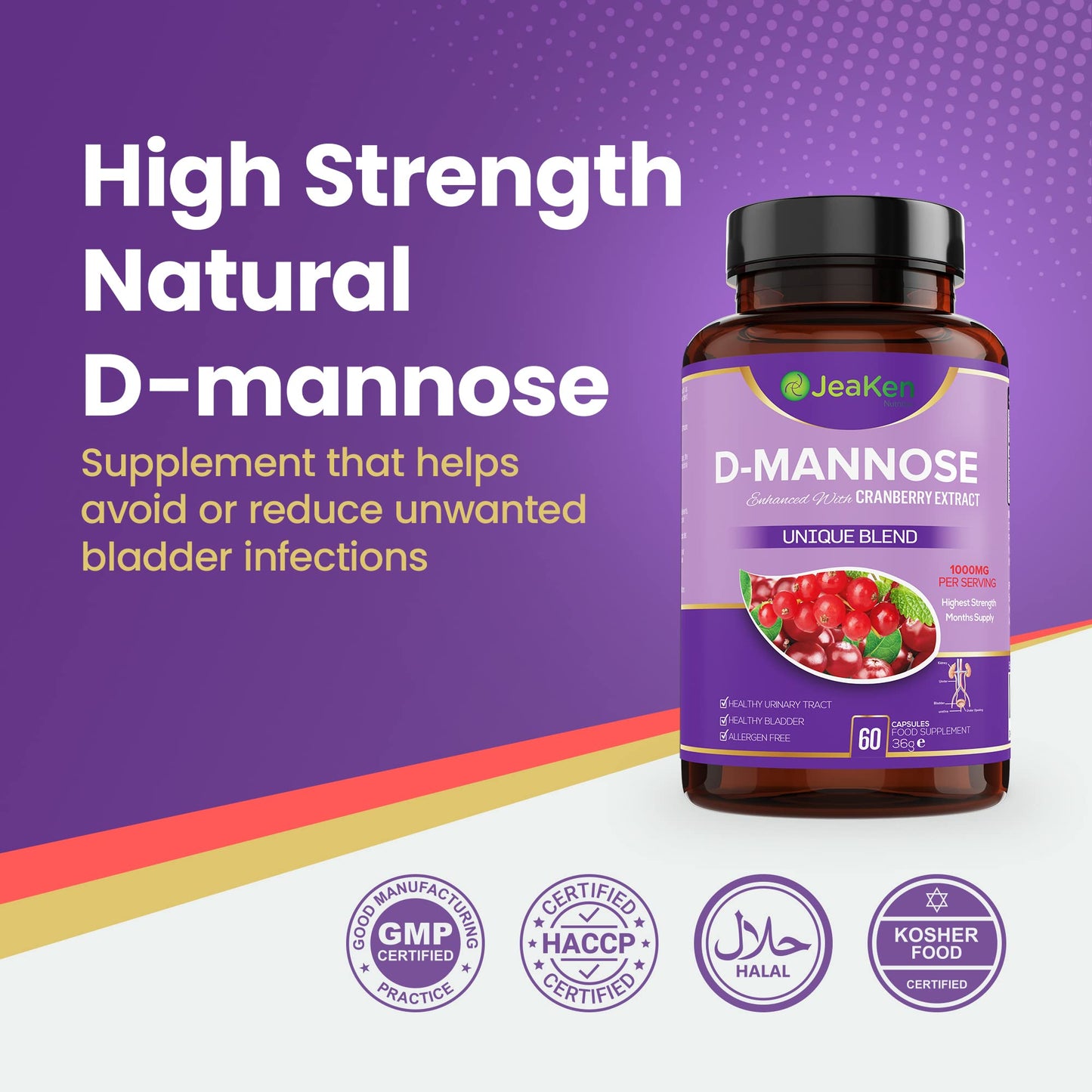JeaKen - D Mannose, Rich in C, E, B and K Vitamins Women and Men Need, D Mannose Powder with Cranberry Capsules High Strength for Good Urinary Tract Health, Promotes Wellness, 60 Vegan Capsules