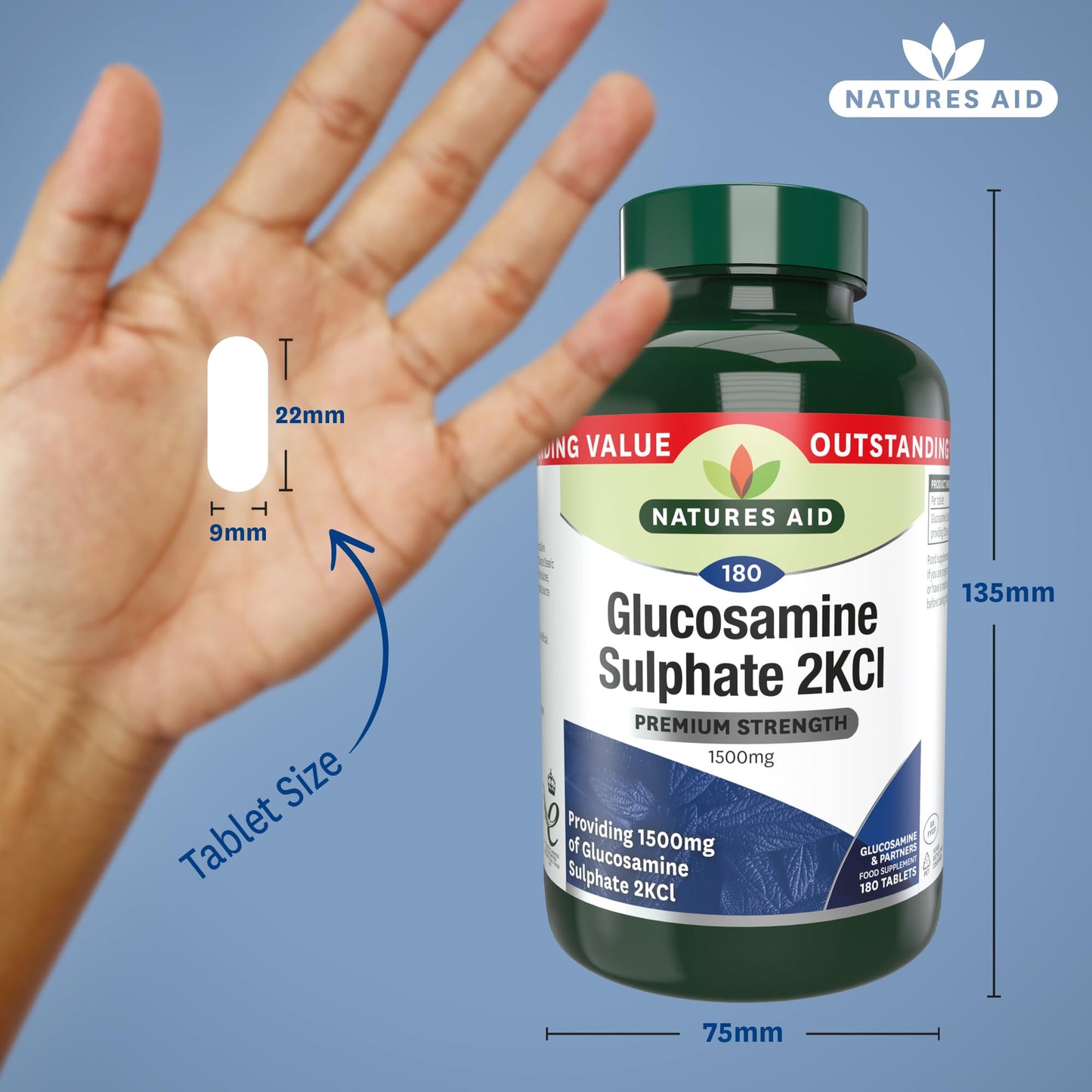 Natures Aid Glucosamine Sulphate 2KCl 1500mg – High Strength Joint Support – Helps Mobility & Flexibility – Non-GMO, Gluten-Free – Natural Supplement – 180 Tablets