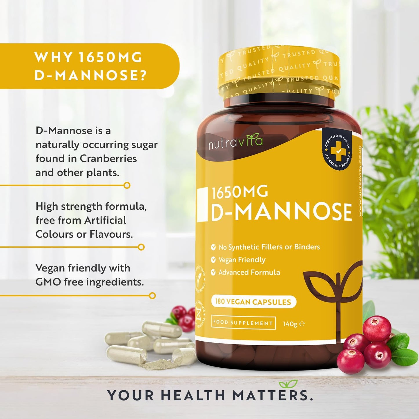 D-Mannose 1650mg High Strength Capsules – 180 Vegan Friendly Capsules (Not Tablets) – 100% Natural Premium D Mannose Supplement – Made in The UK by Nutravita
