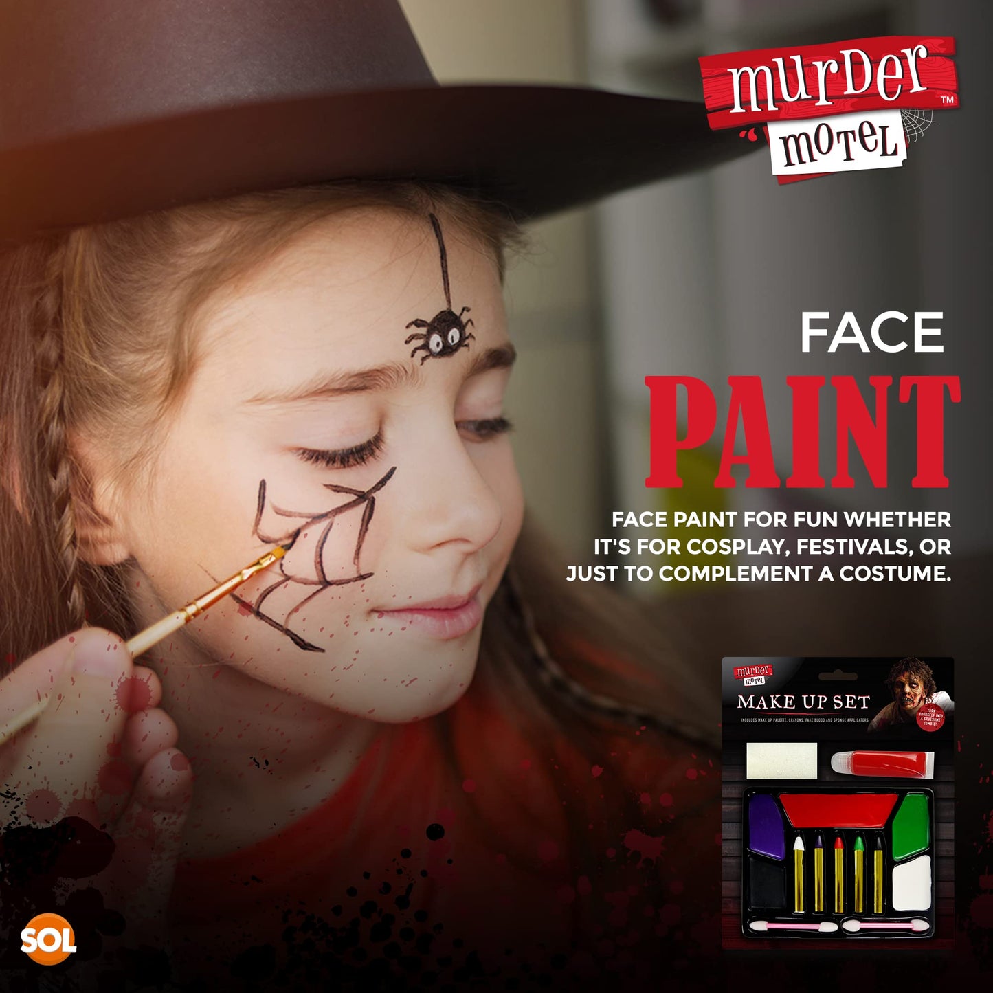 SOL Halloween Make Up Kids Set | Complete Make Up Set Fake Blood, Crayons, Halloween Face Paint & Applicators | Safe to Use for Kids Face Paint Kit | Halloween Makeup Kit | Vampire Makeup Kit Facepaint