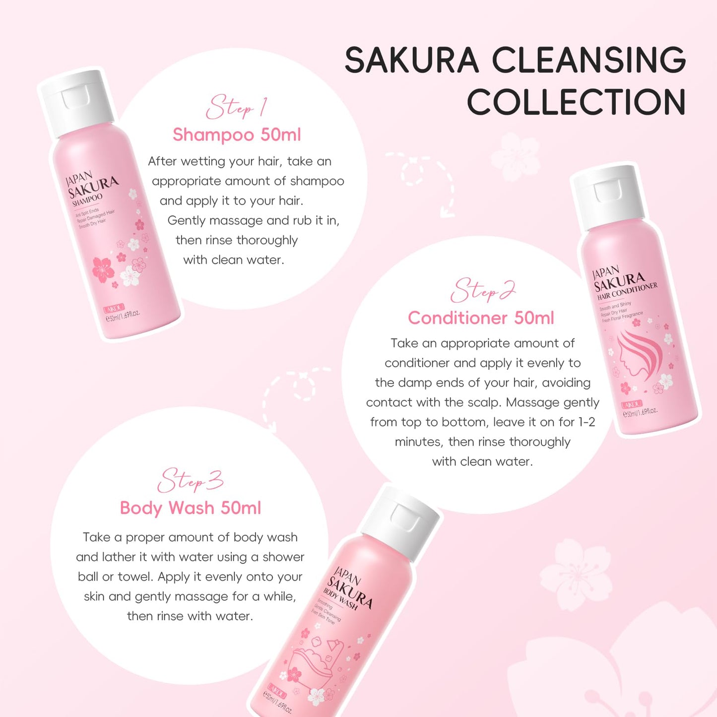 LAIKOU Sakura Spa Gift Set, Bath & Hair Care Travel Kit, Shampoo, Conditioner & Body Wash, Hydrating, Nourishing & Gentle for All Skin & Hair Types, Christmas Birthday Gifts for Women Teenage Girl