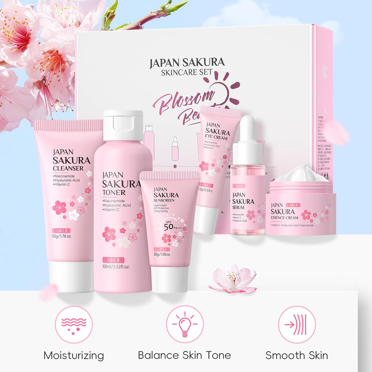 LAIKOU Sakura Skincare Set for Teenage Girls, 6Pcs Skin Care Sets & Kits