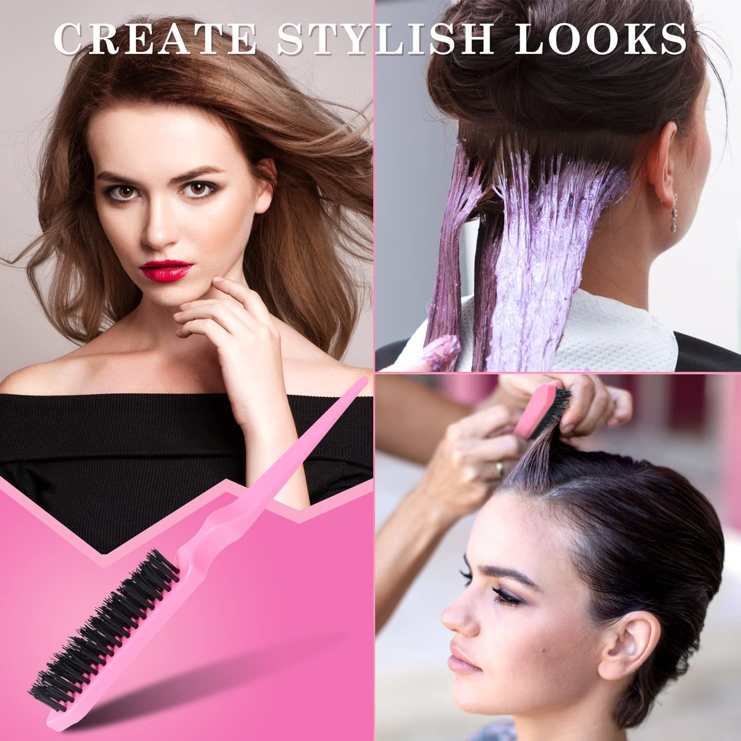 sularpek Sularpek 3 Pcs Slick Brush Set, Plastic Bristle Hair Brush Teasing Comb Edge Hair Brush Teasing Brush Set, Rat Tail Comb Double Sided Edge Brush, for Hairdresser Women Baby Children (Pink)