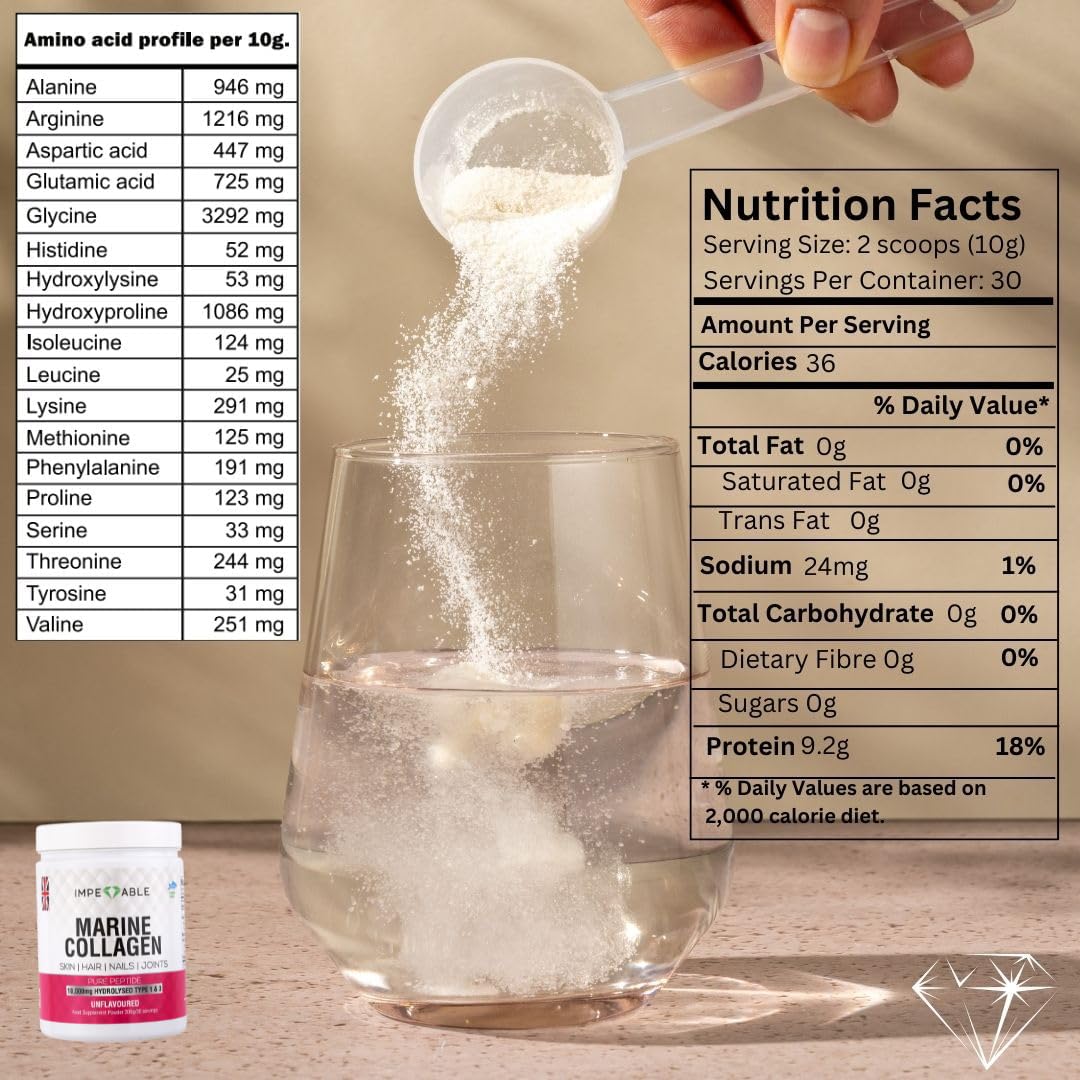 Impeccable IMPECCABLE Marine Collagen Powder - Hydrolysed Collagen Peptides 10,000 mg. Skin, Hair, Nails & Joint Support - Unflavoured, Easy-Mix Collagen Supplement for Women & Men. 300 g / 30 Servings.