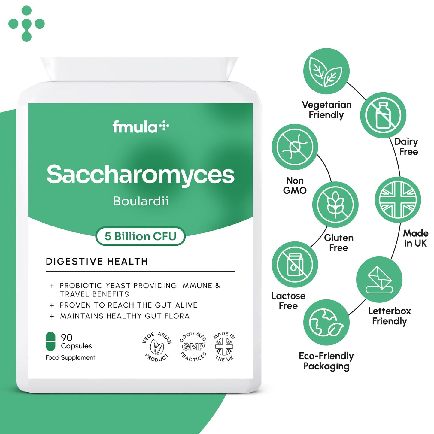 fmula+ Saccharomyces Boulardii Supplement | 5 Billion CFU Yeast Probiotic Capsules with Vitamin D3, Olive Leaf & Biotin for Gut Balance & Immune Support | No Refrigeration Required | UK Made | 90 Capsules
