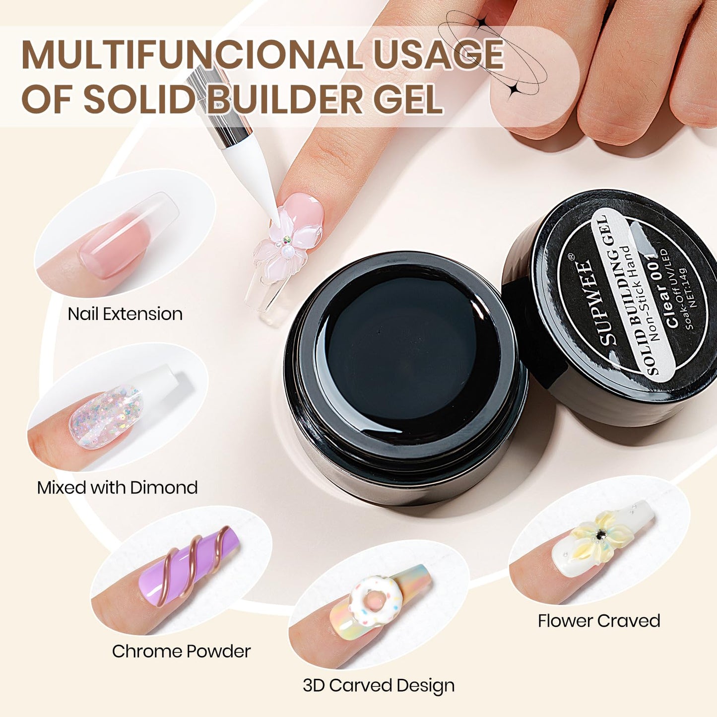 SUPWEE Solid Builder Gel Set for Nails, 2PCS Clear 3D Sculpture Gel Non-Stick Hand Nail Extension for Carving Strengthen Hard Soak Off Salon Home DIY