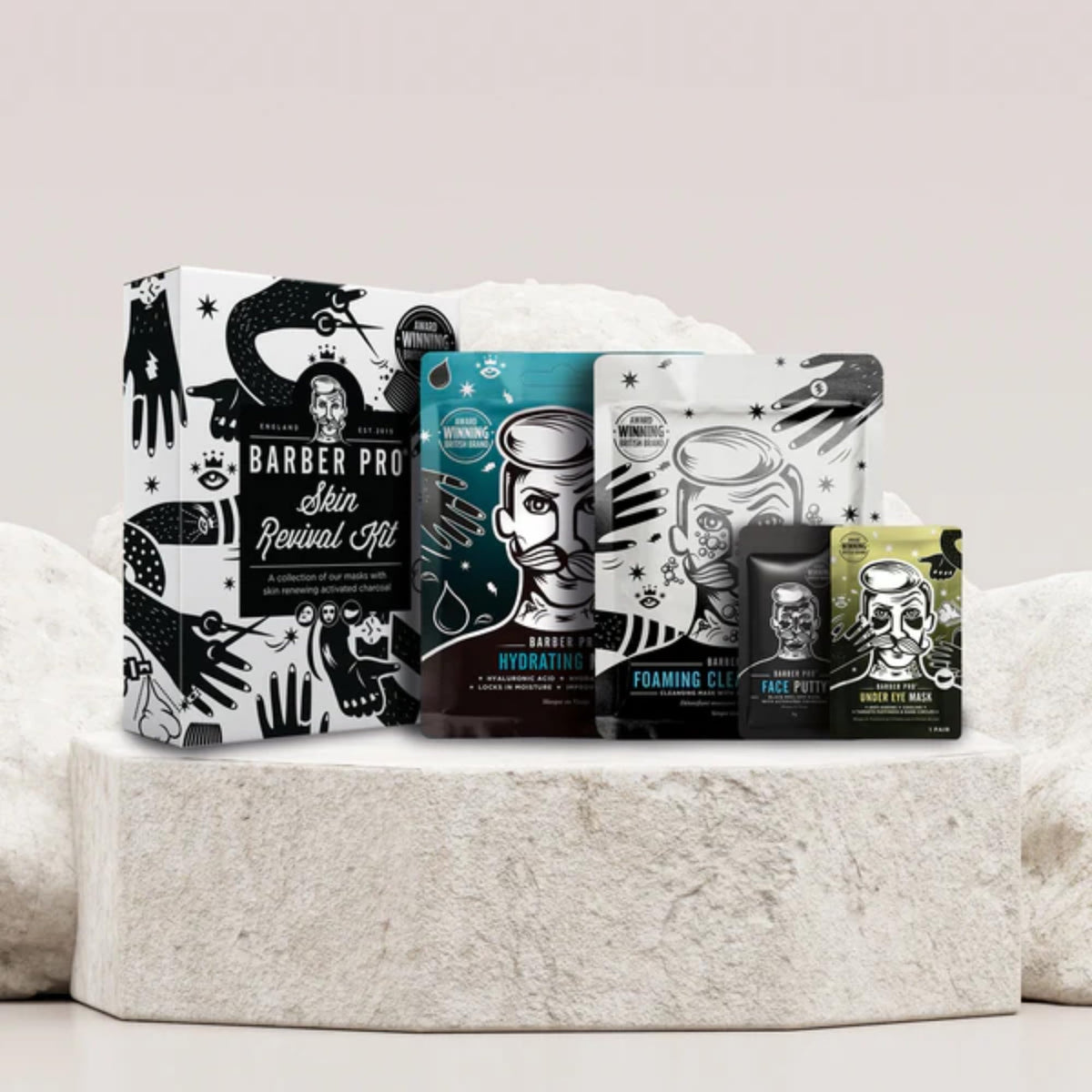 BeautyPro BARBER PRO Skin Revival Mens Pamper Kit 4-in-1 Under Eye Mask Peel Off Putty & 2 Face Masks Rejuvinate Hydrate Soothe Tired Eyes Cleanse Pores Multi Award Winning Brand