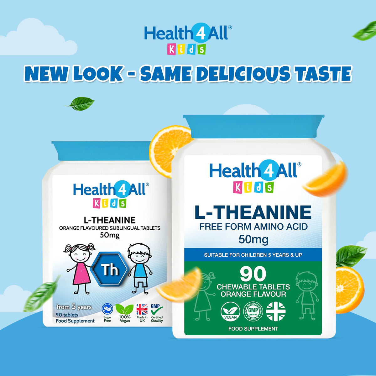 Health4All Kids L-Theanine 50mg 90 Chewable Tablets 3 Months Supply, Supports Focus, Attention & Concentration in Children, Orange Flavour Sugar-Free L-Theanine Supplement | Made in UK (not Gummies)