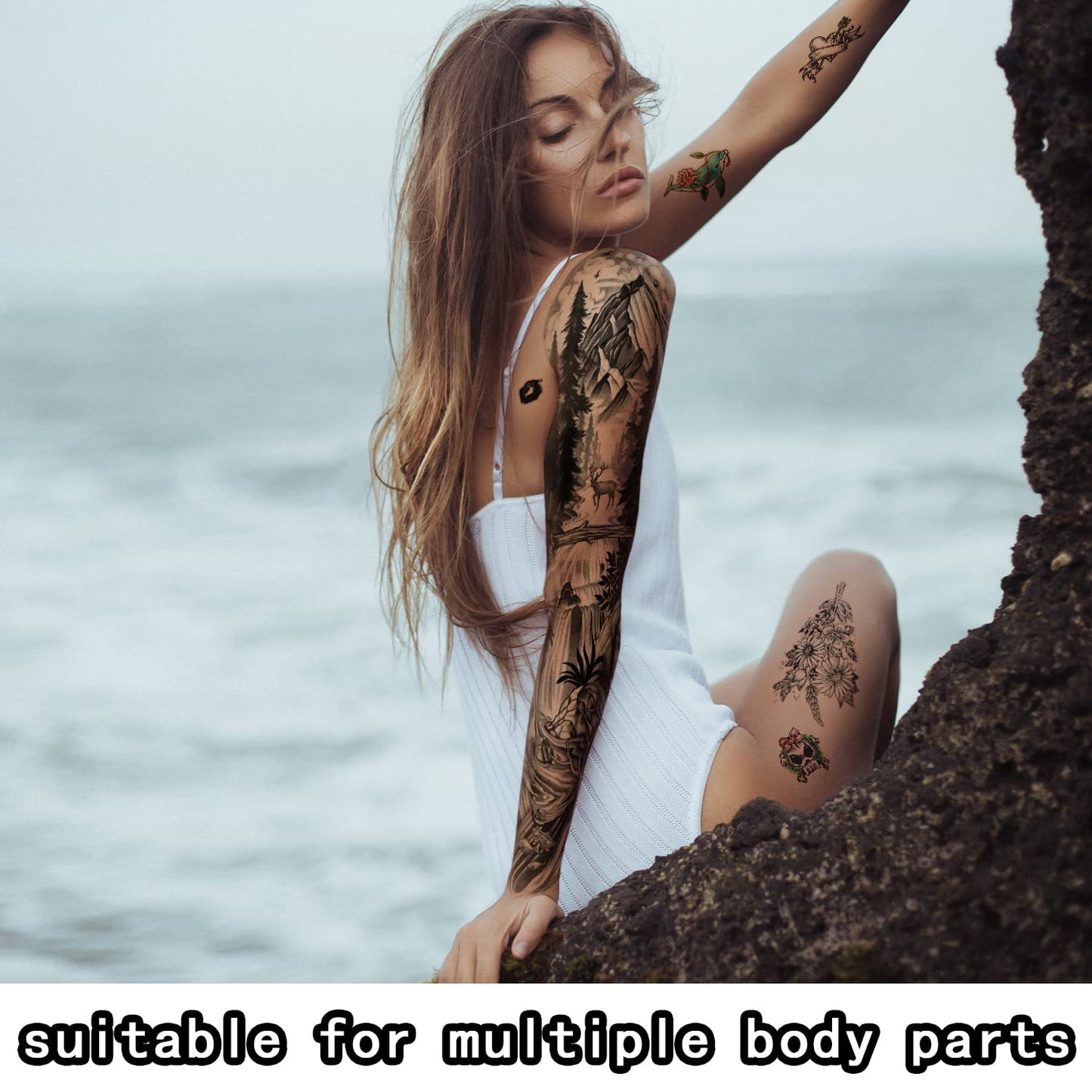 Metuu Full Arm Temporary Tattoo 46 Sheets for Men And Women(L22.8“xW7”), Fake Tattoo Stickers Patterns Deer Eagle Lion Wolf Tiger Totem Realistic Temp Tattoos Suitable For Hand Arm Leg Face