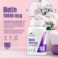 MAX VITA MAXIMUM VITALITY Biotin 10,000mcg High Strength Supplement for Men and Women|Supports Healthy Hair, Skin & Nails|180 Vegetarian Tablets (Non-GMO, Gluten Free) Made in The UK