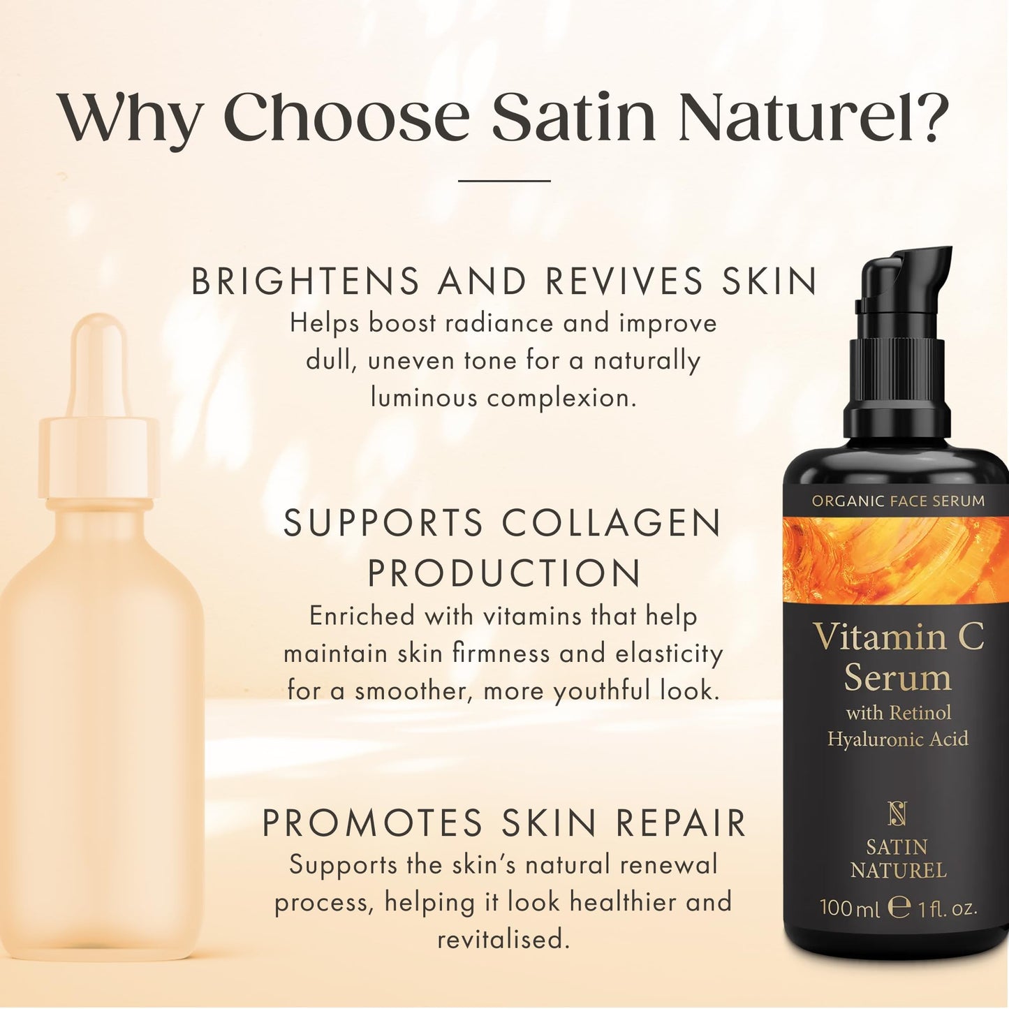 Satin Naturel Vitamin C Serum 100 ml – Anti-Age Face Serum with Retinol, Hyaluronic Acid & Organic Aloe Vera – For Dark Spots & Wrinkles – For Radiant Skin – Vegan & Natural Cosmetics