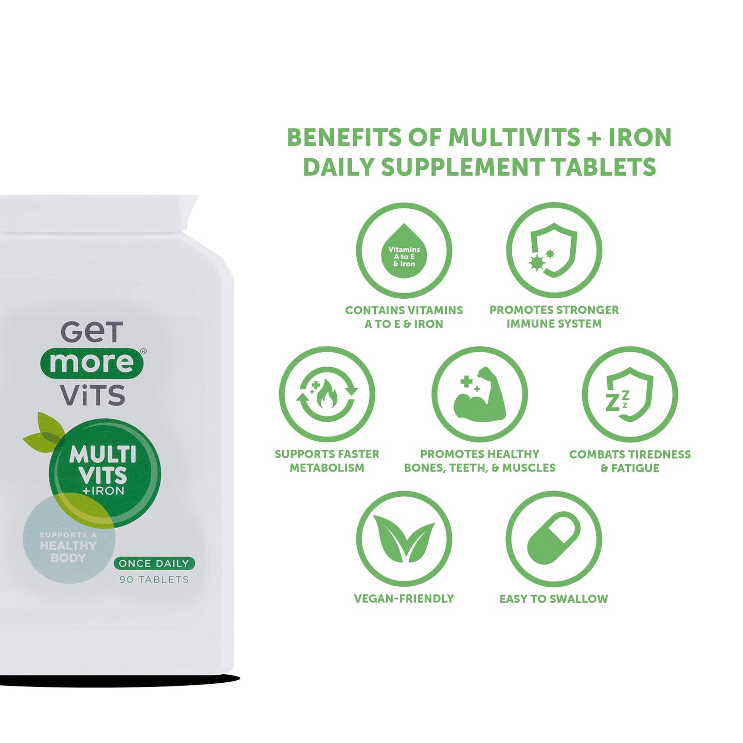 Get More Vits - Multivitamin Tablets with Iron (90 Tablets), Promotes Stronger Immune System, Healthy Bones, Teeth & Muscles, Supports Faster Metabolism, Combats Tiredness & Fatigue, Vegetarian, Vegan