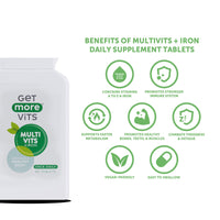 Get More Vits - Multivitamin Tablets with Iron (90 Tablets), Promotes Stronger Immune System, Healthy Bones, Teeth & Muscles, Supports Faster Metabolism, Combats Tiredness & Fatigue, Vegetarian, Vegan