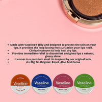 Vaseline Lip Therapy - Petroleum Jelly - Lip Balm - Original, Coco Butter, Alo Vera And Rosy 20g Tin - Soothes Dry Lips - Pack Of 4