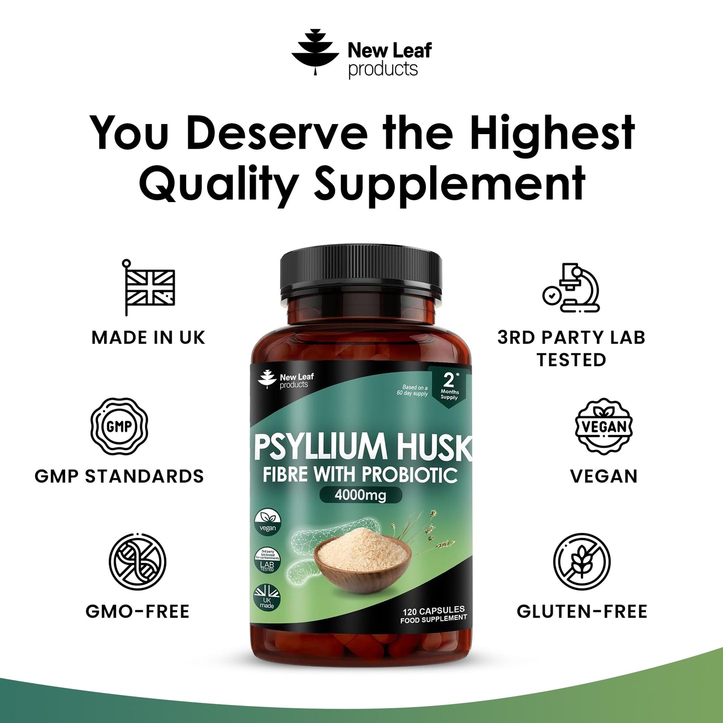 Fibre Supplement 4000mg Psyllium Husk With Probiotic Acidophilus - High Strength - Natural Soluble Fiber Supplement From Plantago Ovata Seeds, 120 Psyllium Husks capsules Vegan, Made in UK by New Leaf