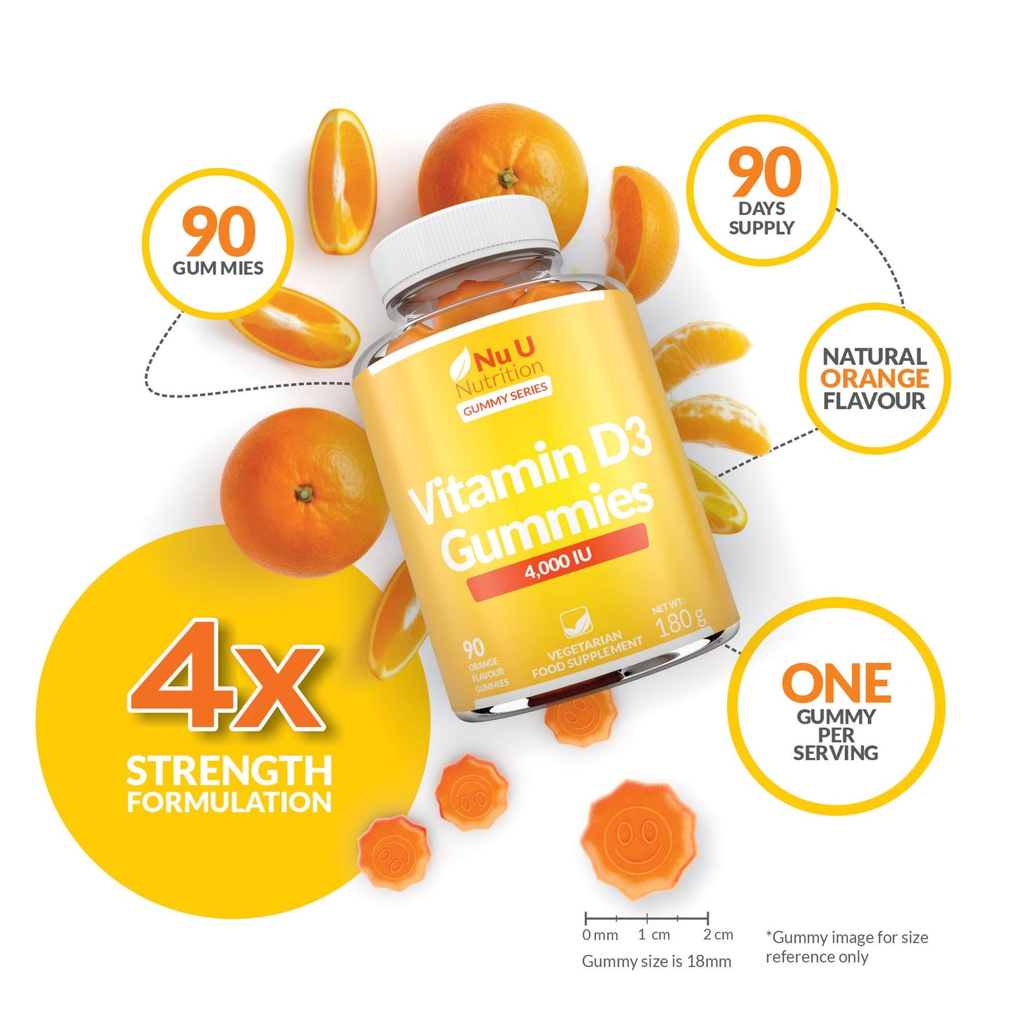 Vitamin D3 Gummies 4000IU Adults - 90 Vegetarian Gummies - Natural Orange Flavour - Chewable VIT D Gummy Supplement - Made in the UK - Nu U Nutrition