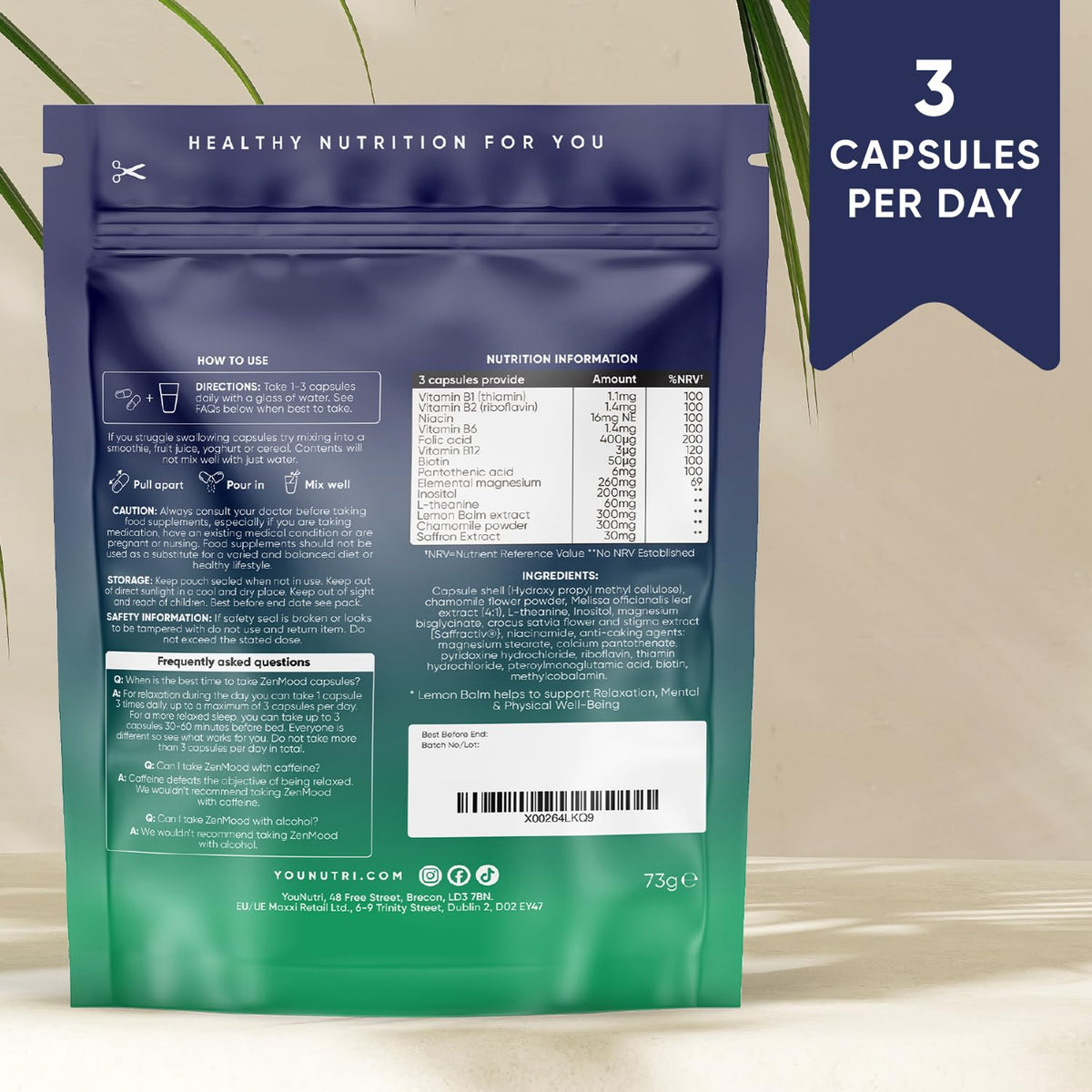 YouNutri ZenMood for Relaxation, Mental & Physical Well-Being with Lemon Balm, Magnesium Bisglycinate, L-Theanine, Chamomile and Saffron | Stress Relief & Mood Support | 1 Month Supply